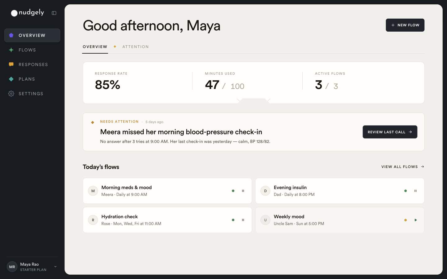 Nudgely dashboard showing response rate, monthly call usage, active flows, and an attention alert