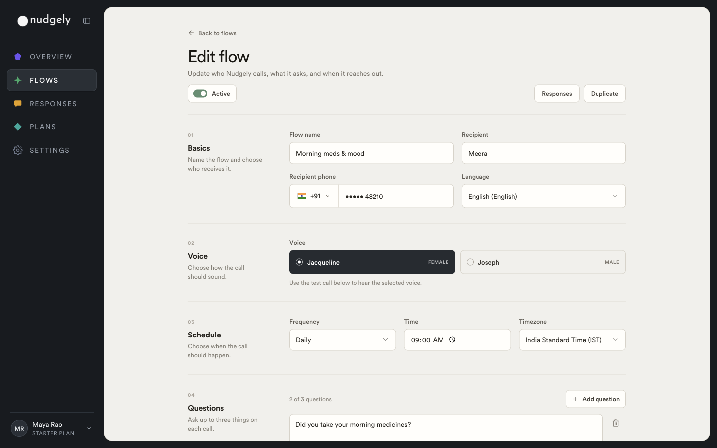 Nudgely flow editor showing a recipient, voice, schedule, and check-in questions
